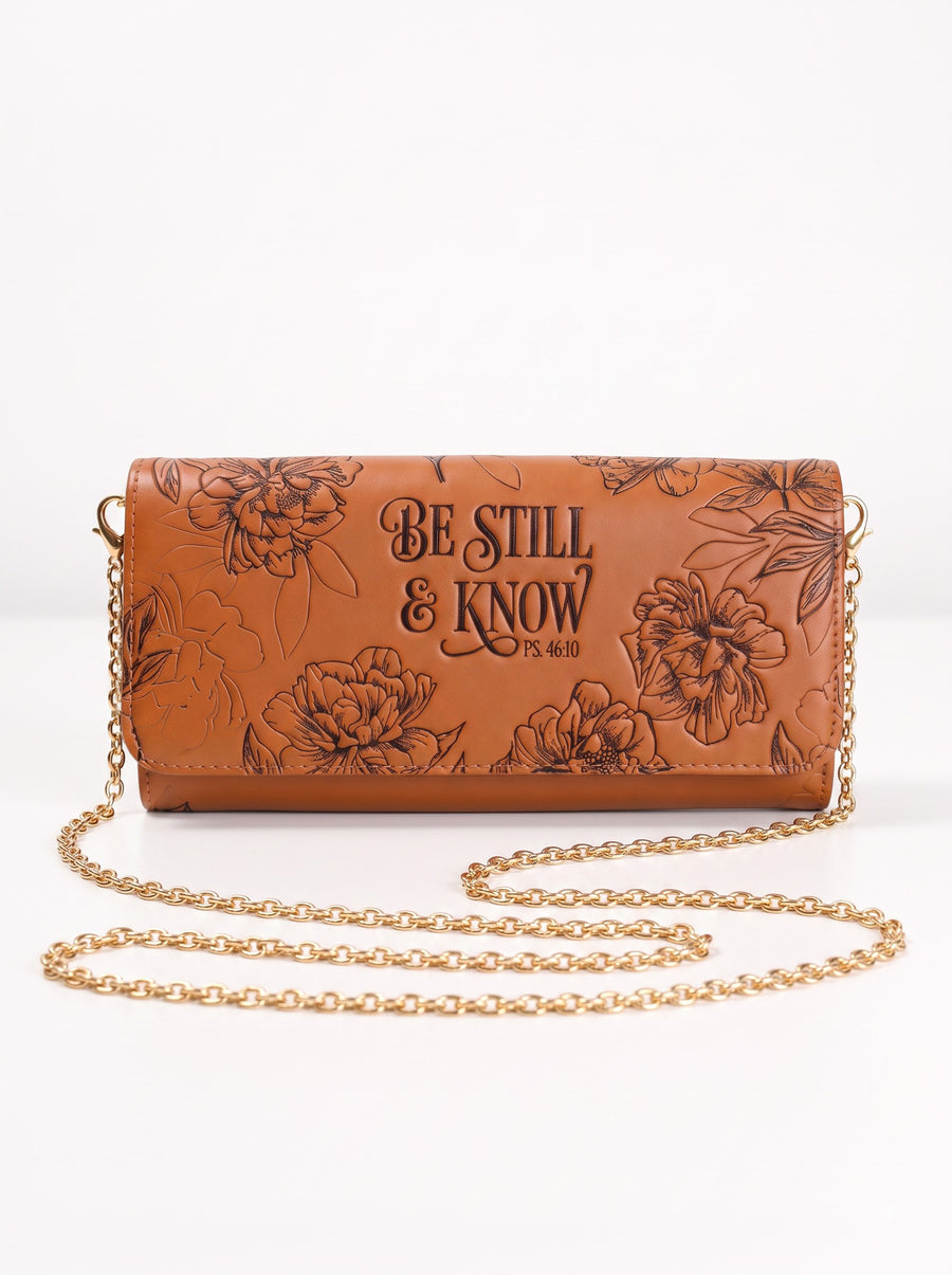 Tranquil - Psalm 46:10 Embossed Leather Crossbody Clutch Pre-order