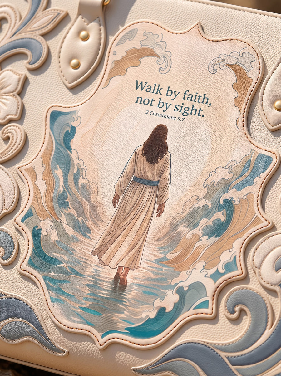 Close-up of the 3D appliqué design with the verse raised off the leather