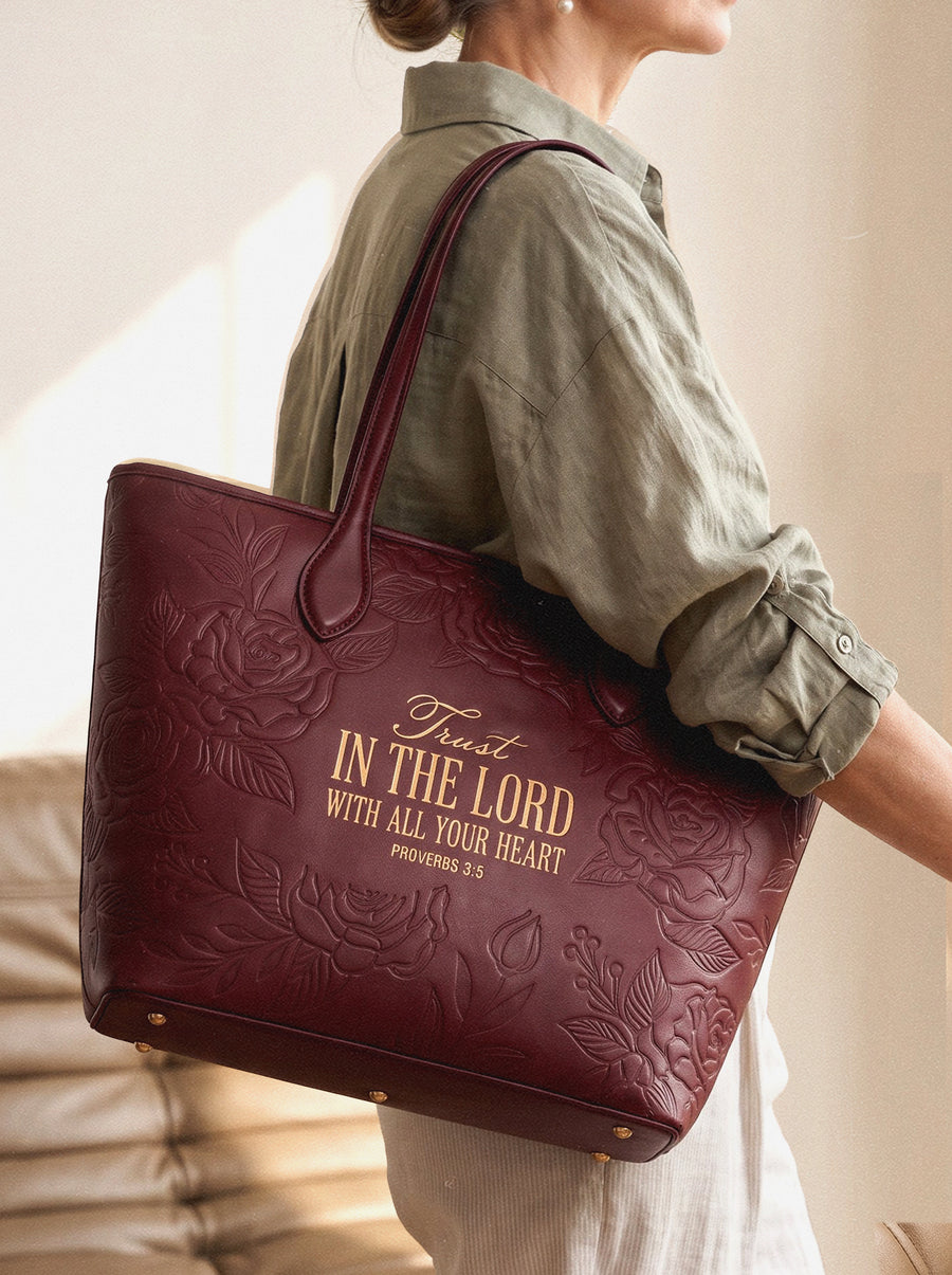 Proverbs 3:5 - Cherry Wine Embossed Leather Tote Pre-order