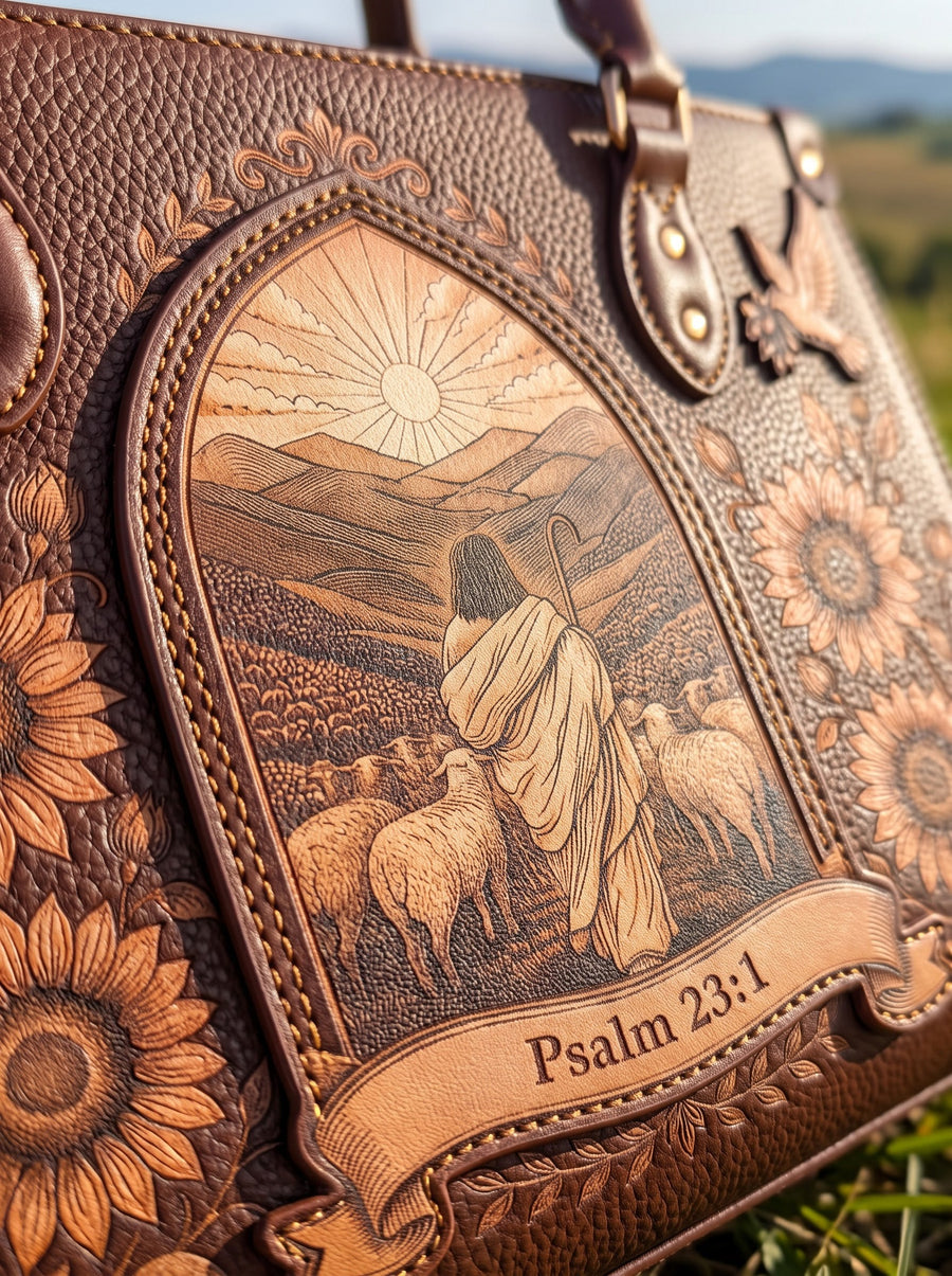 Close-up of the 3D appliqué design with the verse raised off the leather