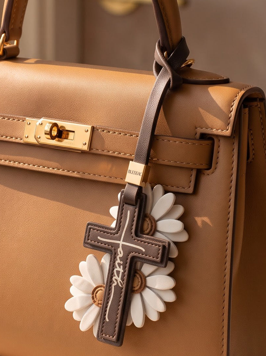"Faith in Bloom" - Daisy Cross Leather Bag Charm