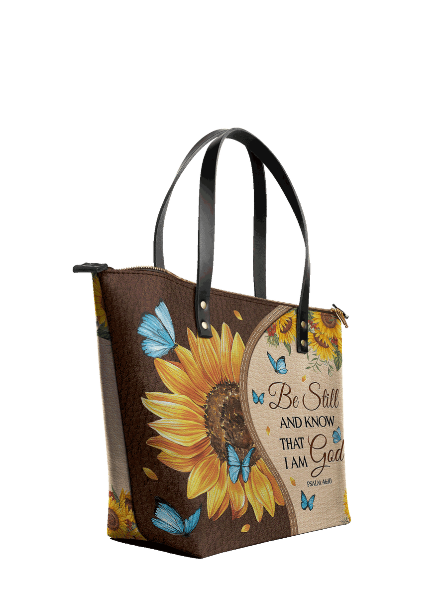 Presence - Psalm 46:10 Leather Tote Bag