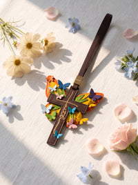 "Made New" - Rainbow Butterfly Cross Leather Bag Charm