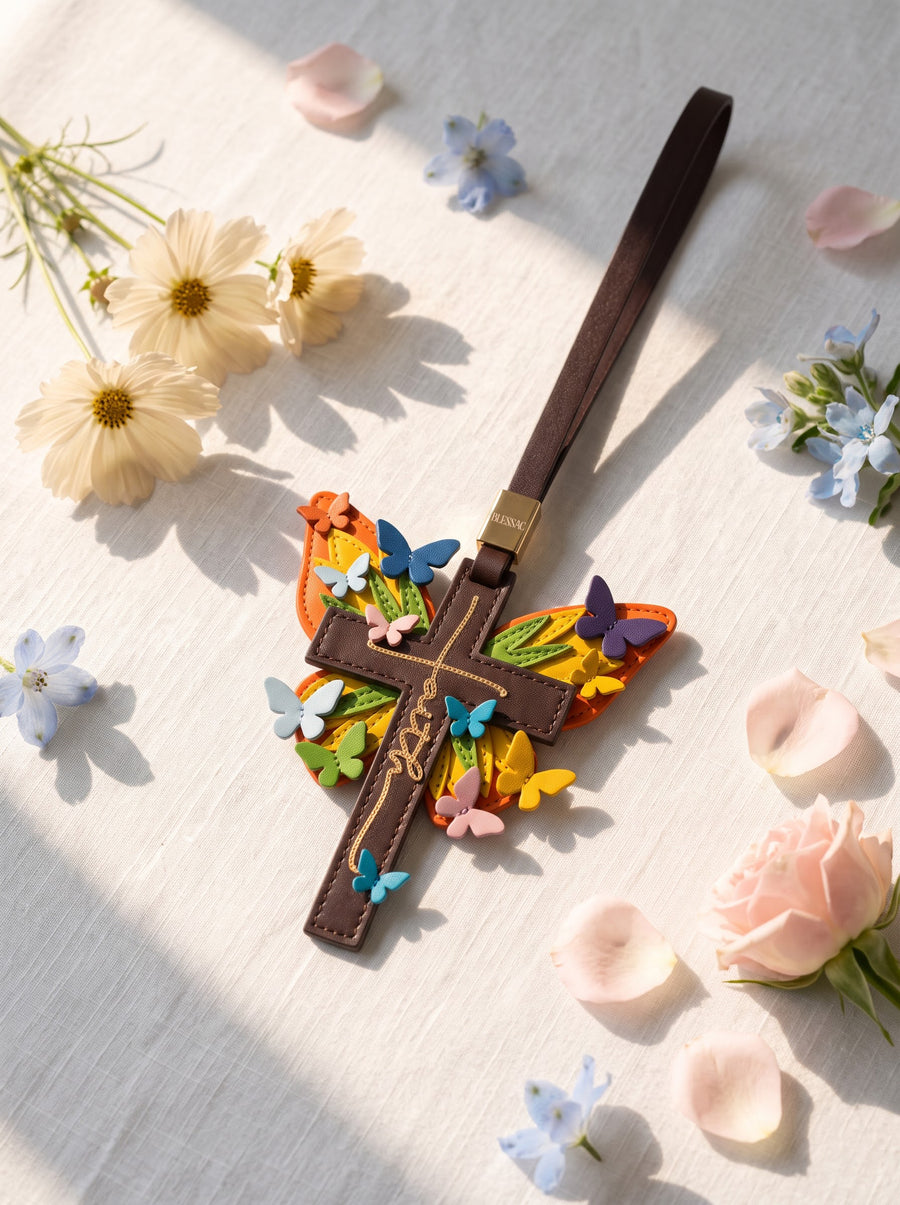 "Made New" - Rainbow Butterfly Cross Leather Bag Charm