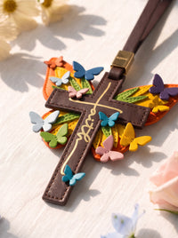 "Made New" - Rainbow Butterfly Cross Leather Bag Charm