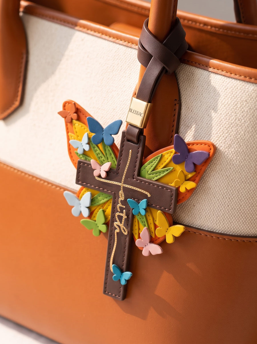 "Made New" - Rainbow Butterfly Cross Leather Bag Charm