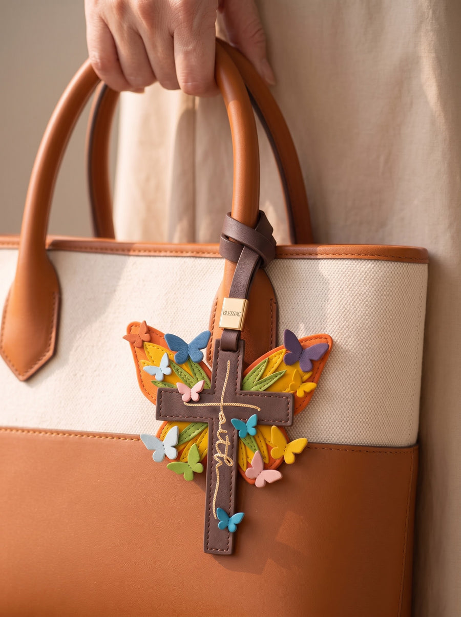 "Made New" - Rainbow Butterfly Cross Leather Bag Charm