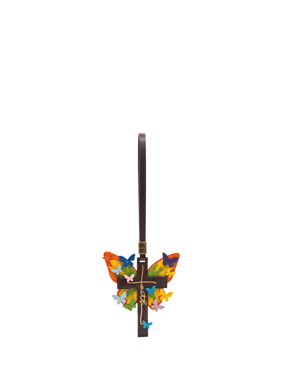 "Made New" - Rainbow Butterfly Cross Leather Bag Charm