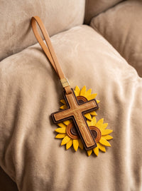 "Rooted in Faith" - Sunflower Cross Leather Bag Charm