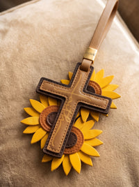 "Rooted in Faith" - Sunflower Cross Leather Bag Charm