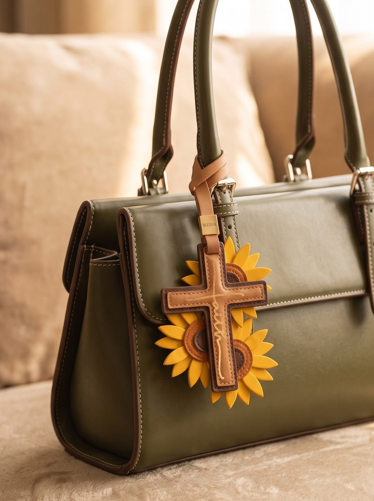 "Rooted in Faith" - Sunflower Cross Leather Bag Charm