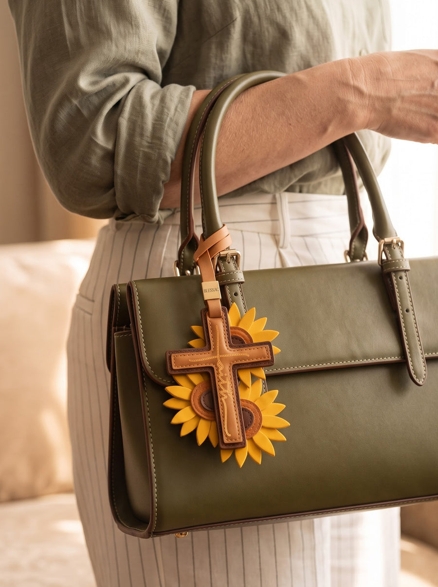 "Rooted in Faith" - Sunflower Cross Leather Bag Charm