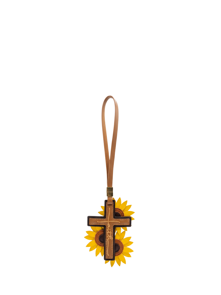"Rooted in Faith" - Sunflower Cross Leather Bag Charm