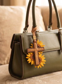 "Rooted in Faith" - Sunflower Cross Leather Bag Charm