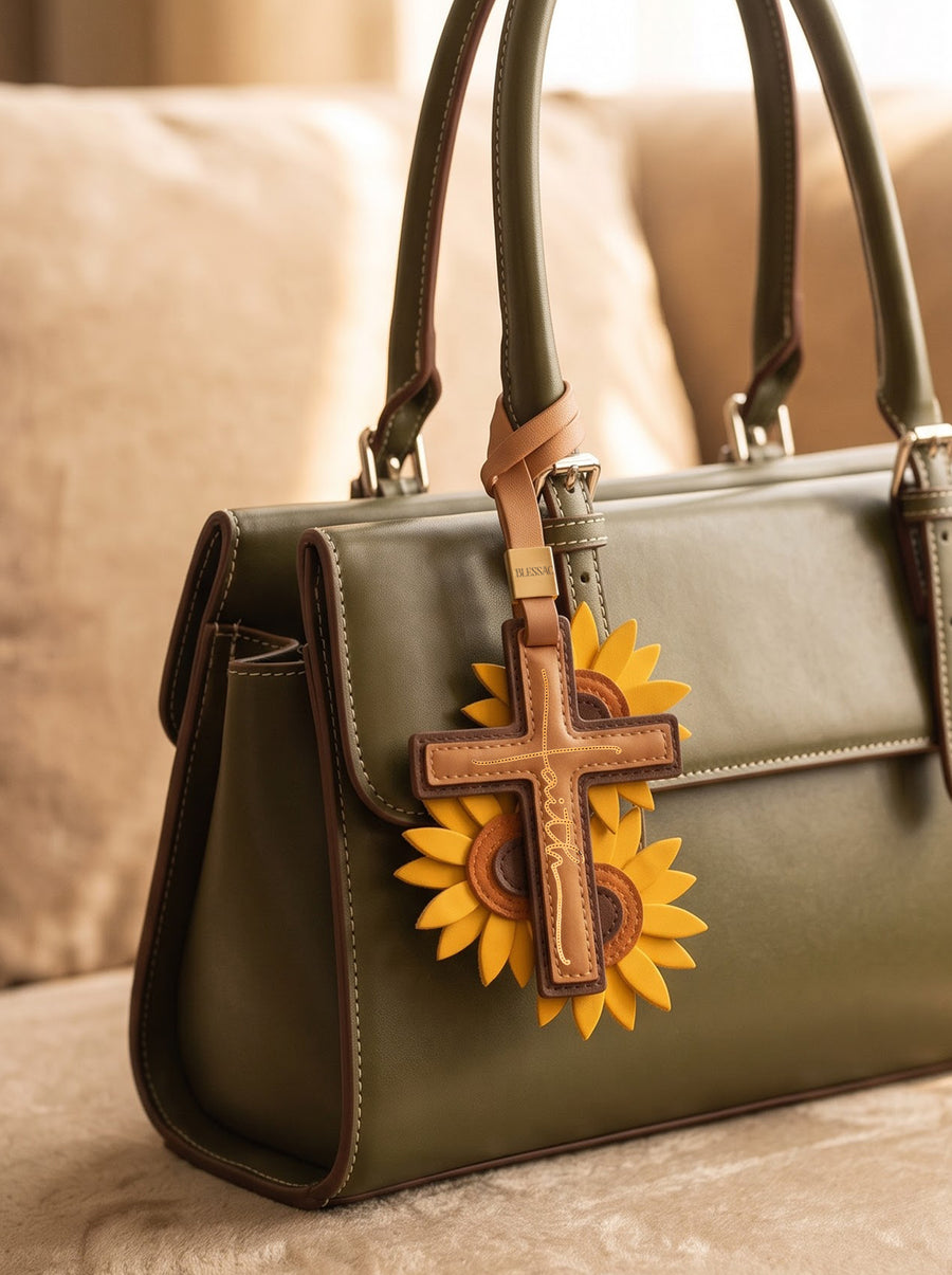 "Rooted in Faith" - Sunflower Cross Leather Bag Charm