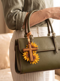 "Rooted in Faith" - Sunflower Cross Leather Bag Charm