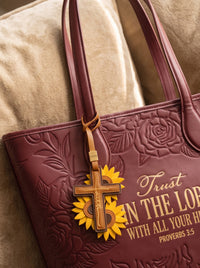 "Rooted in Faith" - Sunflower Cross Leather Bag Charm