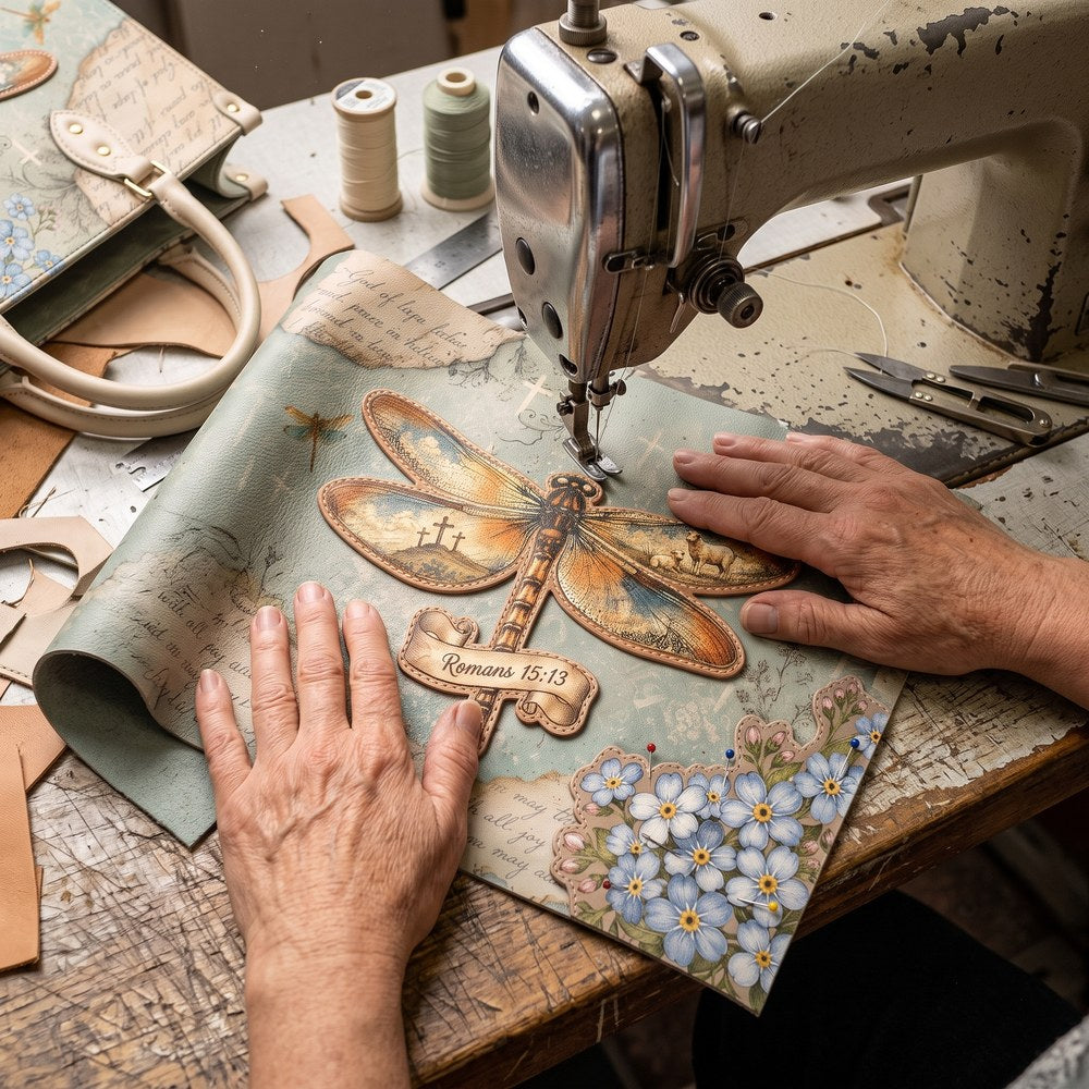 Dragonfly appliqué patch being hand-stitched onto the leather bag