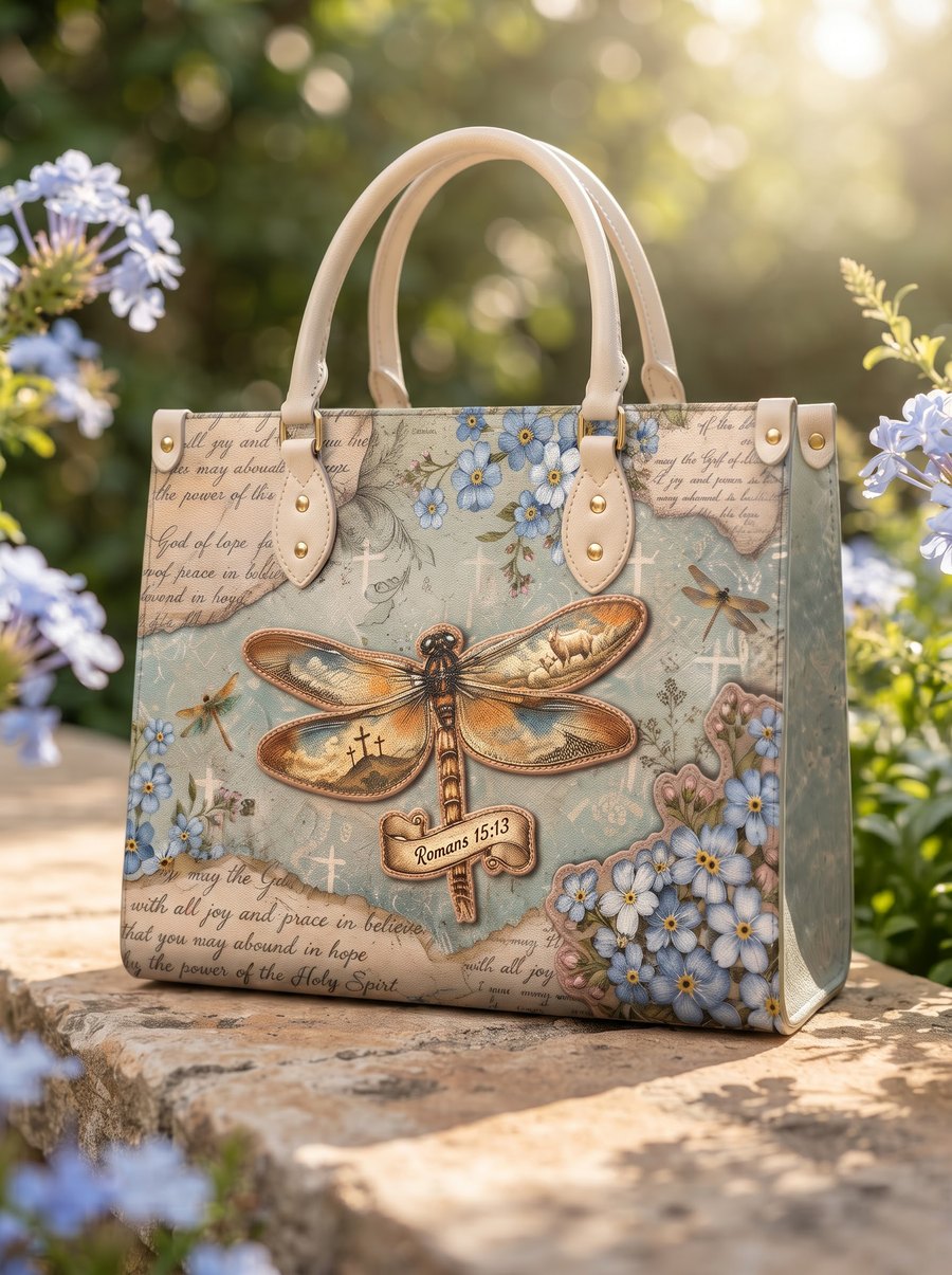 3D appliqué dragonfly leather handbag