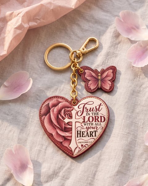 The All My Heart bag charm: a rose heart with a cream cross and Proverbs 3:5, a small butterfly and a gold-tone clasp.