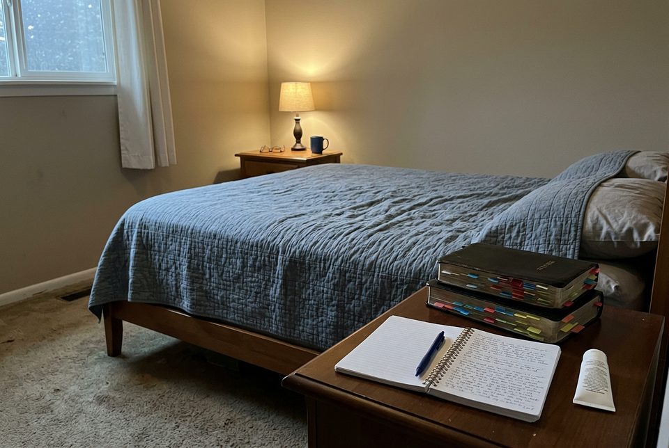 Two nightstands in a bedroom: one with two tabbed Bibles and a prayer notebook, the other with only reading glasses and a coffee mug