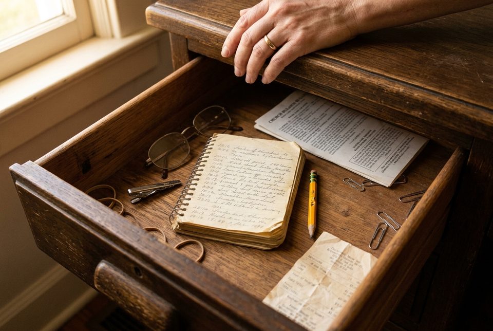 An open desk drawer with a small worn spiral notebook full of pencil writing, reading glasses and a pencil