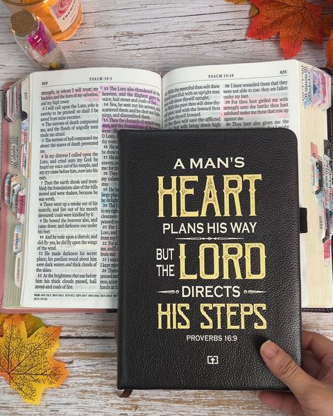 A Guided prayer journal for men, cover A Man’s Heart Plans His Way, Proverbs 16:9, lying on an open Bible