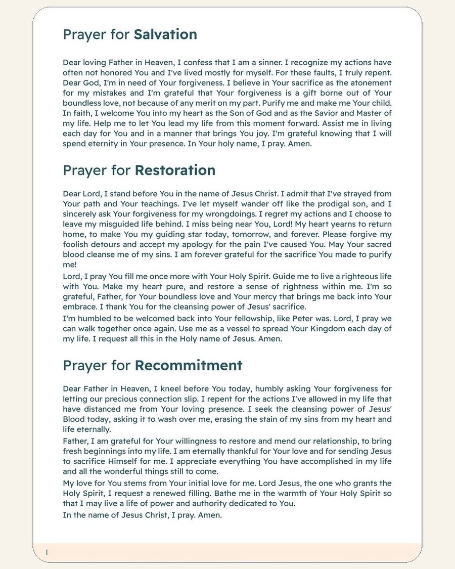 Printed prayers for Salvation, Restoration and Recommitment