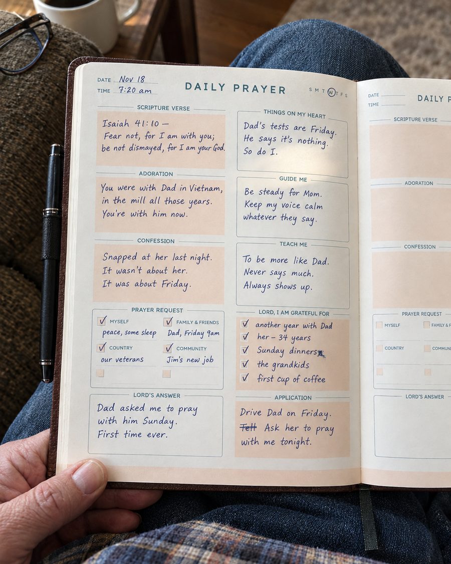 A sample Daily Prayer page filled in by hand