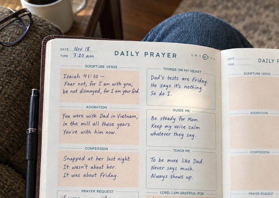 The top six boxes of a sample Daily Prayer page, filled in by hand with a few short lines each