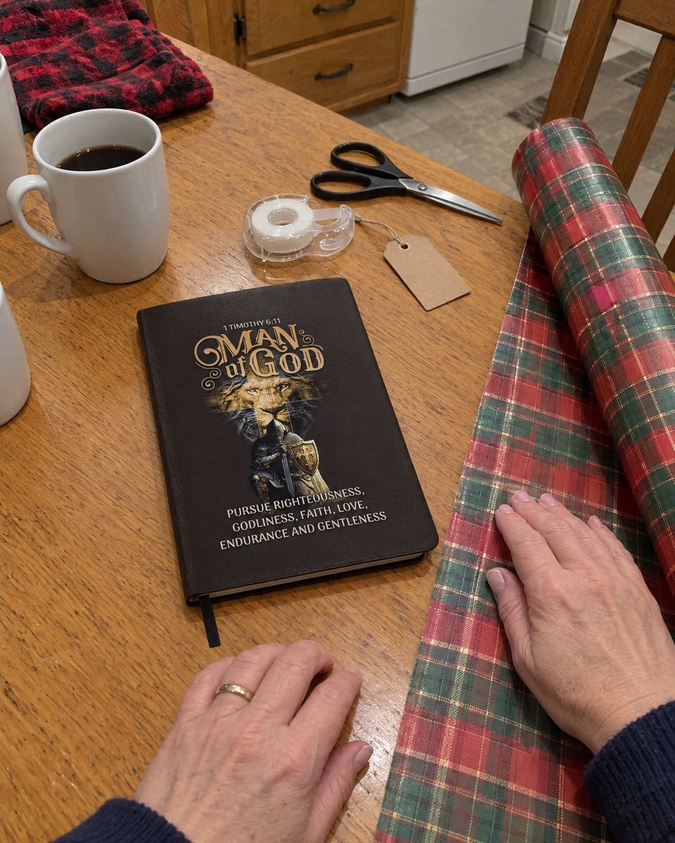 The Righteous prayer journal on a kitchen table beside wrapping paper, scissors and tape: MAN of GOD, 1 Timothy 6:11