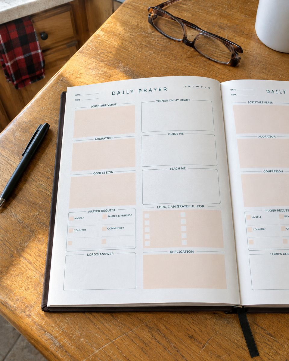 The journal open on a kitchen table to a blank Daily Prayer page with its ten labelled boxes