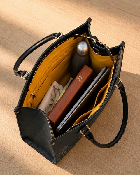 Inside the open handbag: a Bible standing upright, a tablet, glasses and a water bottle