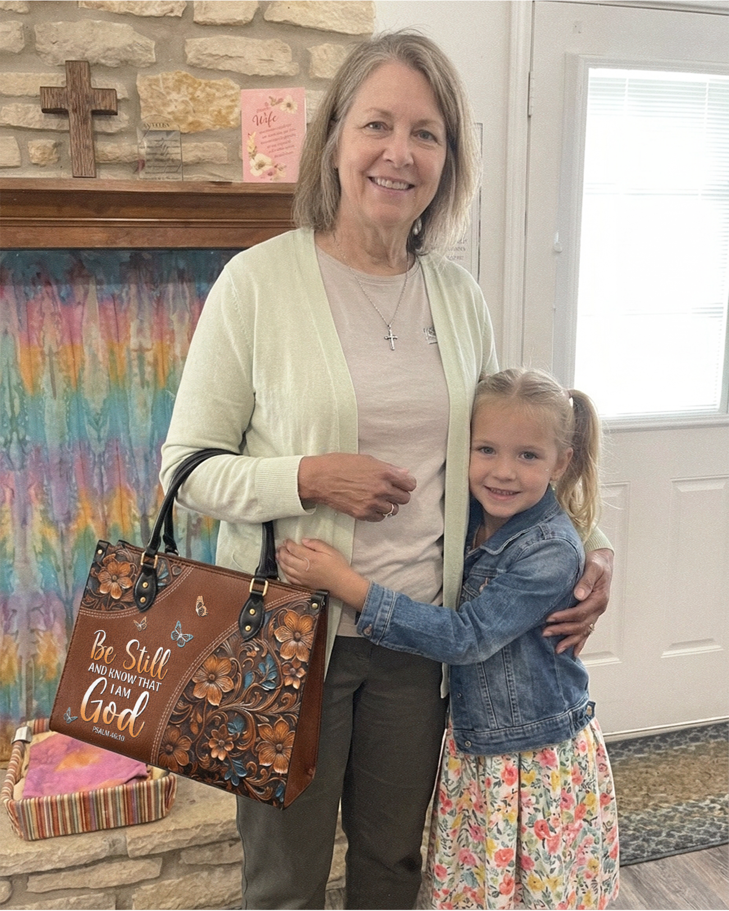 Grandmother with granddaughter holding Blessac bag