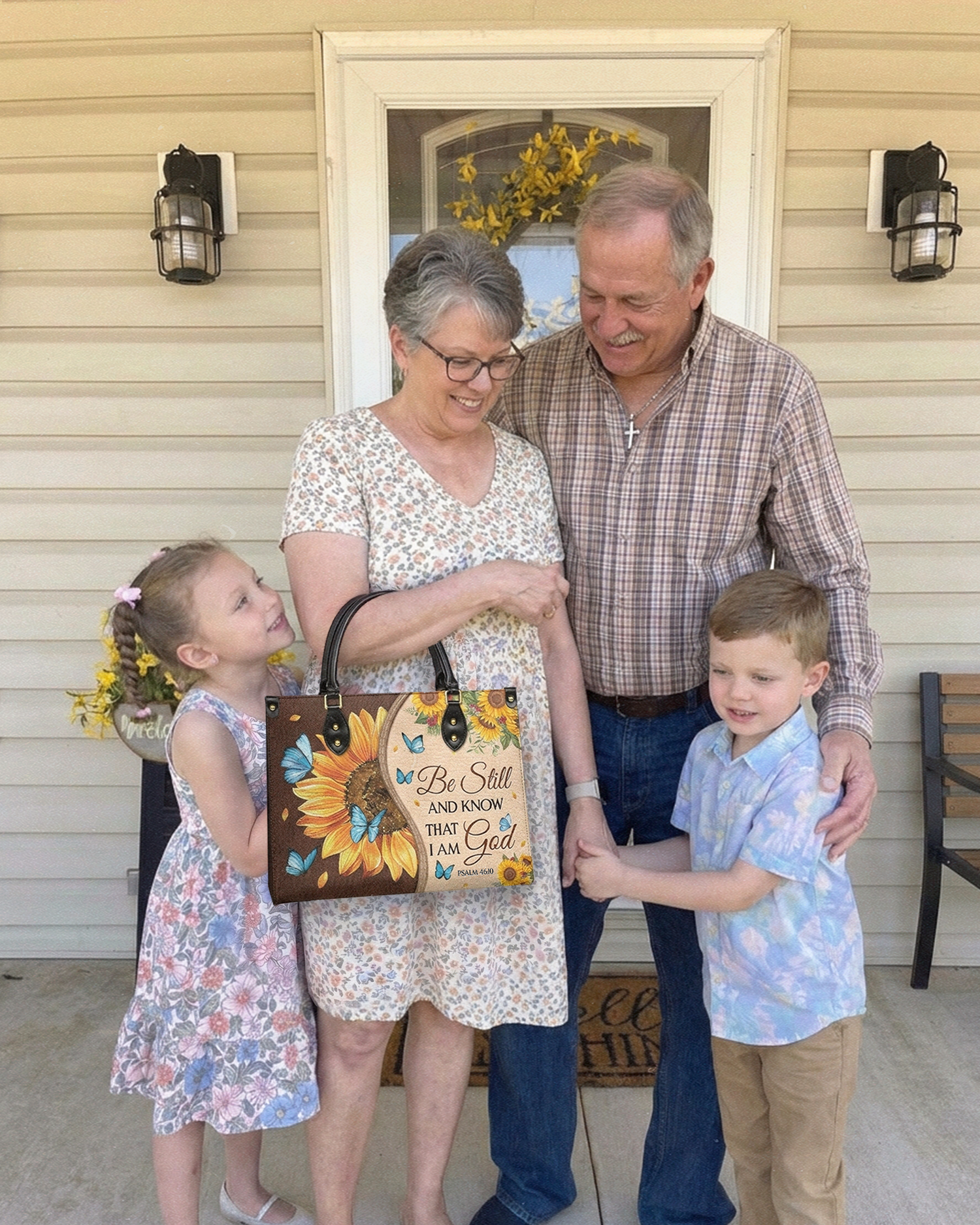 Family on porch with Blessac bag